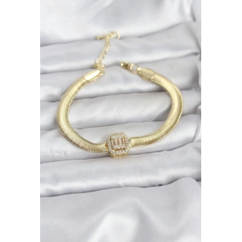CEYLAN ADAM 316L Çelik Gold Renk Baget Zirkon Taşlı Yılan Zincirli Kadın Bileklik