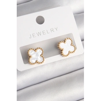 CEYLAN ADAM 316L Çelik Gold Renk Beyaz Minelik Yonca Model Kadın Küpe