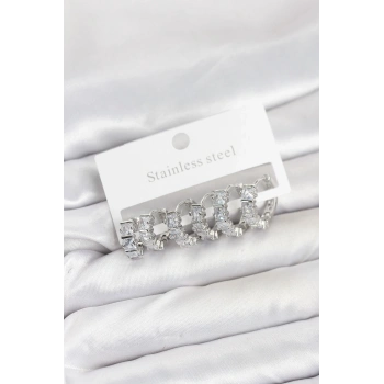 CEYLAN ADAM 316L Çelik Gümüş Renk Baget Zirkon Taşlı Halka Küpe Seti