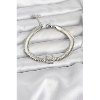CEYLAN ADAM 316L Çelik Gümüş Renk Baget Zirkon Taşlı Yılan Zincirli Kadın Bileklik