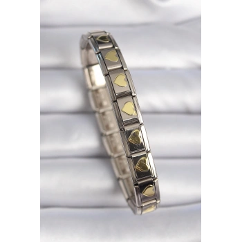 CEYLAN ADAM 316L Çelik Gümüş Renk Gold Kalp İşleme Nomination Charm Bileklik