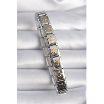 CEYLAN ADAM 316L Çelik Gümüş Renk Gold Yıldız İşleme Nomination Charm Bileklik