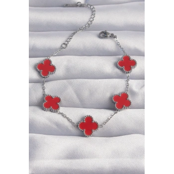 CEYLAN ADAM 316L Çelik Gümüş Renk Kırmızı Mineli Yonca Bileklik