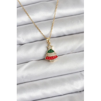 CEYLAN ADAM 316L Çelik Zincir Gold Ren Çam Ağacı Model Zirkon Taşlı Yılbaşı Temalı Kadın Kolye