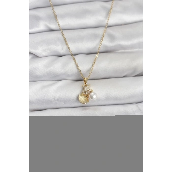 CEYLAN ADAM 316L Çelik Zincir Gold Renk Deniz Kabuğu ve Deniz Yıldızı Model Zirkon Taşlı Kadın Kolye
