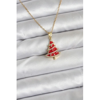 CEYLAN ADAM 316L Çelik Zincir Gold Renk Kırmızı Çam Ağacı Model Yılbaşı Temalı Kadın Kolye