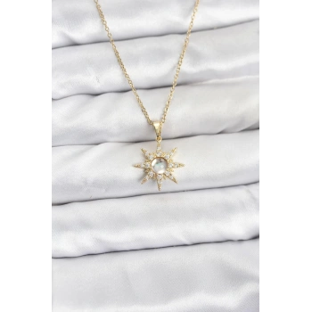 CEYLAN ADAM 316L Çelik Zincir Gold Renk Kutup Yıldızı Model Zirkon Taşlı Kadın Kolye