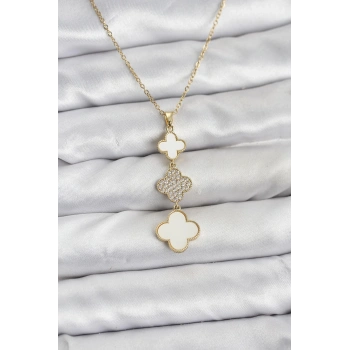 CEYLAN ADAM 316L Çelik Zincir Gold Renk Yonca Detaylı Zirkon Taşlı Kadın Kolye