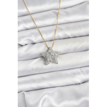 CEYLAN ADAM 316L Çelik Zincir Gold Renk Zincirli Gümüş Yıldız Model Kadın Kolye
