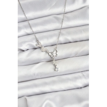 CEYLAN ADAM 316L Çelik Zincir Gümüş Renk Kelebek Model Kadın Kolye