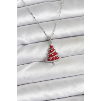 CEYLAN ADAM 316L Çelik Zincir Gümüş Renk Kırmızı Çam Ağacı Model Yılbaşı Temalı Kadın Kolye