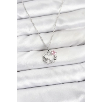 CEYLAN ADAM 316L Çelik Zincir Gümüş Renk Pembe Taş Detaylı Çelenk Model Kadın Kolye