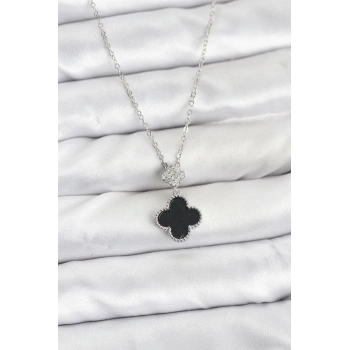 CEYLAN ADAM 316L Çelik Zincir Gümüş Renk Yonca Model Zirkon Taşlı Kadın Kolye