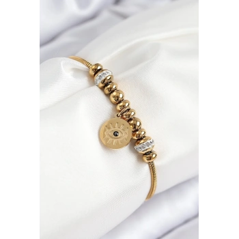 CEYLAN ADAM 316L Çelik Zirkon Taşlı Göz Charm Model Gold Renk Kadın Bileklik