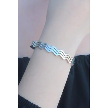 CEYLAN ADAM 316L Kararmaz Çelik Gümüş Renk Dalga Model Kelepçe Kadın Bileklik