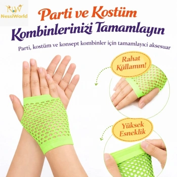 CEYLAN ADAM 80’ler 90’lar Retro Neon Yeşil File Parmaksız Kısa Eldiven 11 cm