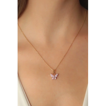 CEYLAN ADAM Gold Lila Renk Kelebek Figür Kadın Kolye