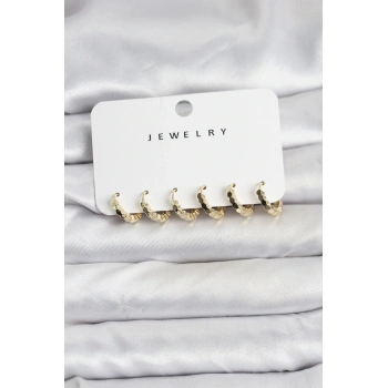 CEYLAN ADAM Gold Renk Pirinç Minimal Petek Detaylı Kadın Küpe Seti