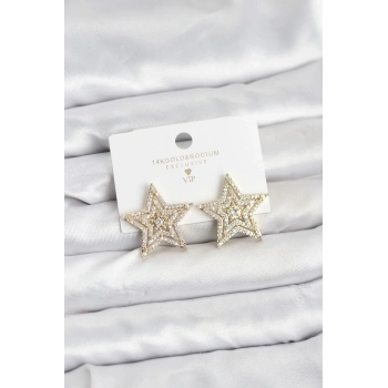 CEYLAN ADAM Gold Renk Pirinç Zirkon Taşlı Yıldız Model Kadın Küpe