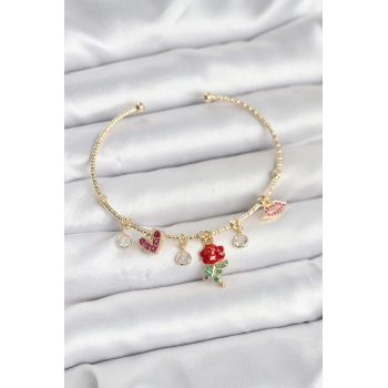 CEYLAN ADAM Gül Charmlı Gold Renk Pirinç Kadın Bileklik