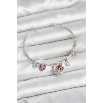 CEYLAN ADAM Gül Charmlı Gümüş Renk Pirinç Kadın Bileklik