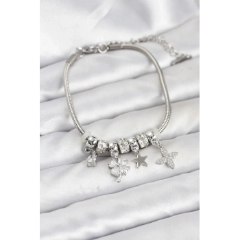 CEYLAN ADAM Gümüş Renk Pirinç Yonca Charmlı Kadın Bileklik