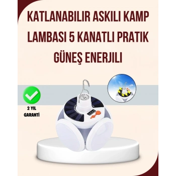 CEYLAN ADAM Güneş Enerjili USB Şarj Edilebilir 5 Modlu Katlanabilir LED Kamp Işığı
