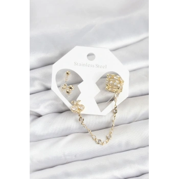 CEYLAN ADAM Kiraz Model Pirinç Gold Renk Zincir Bağlantılı Ear Cuff Küpe Seti