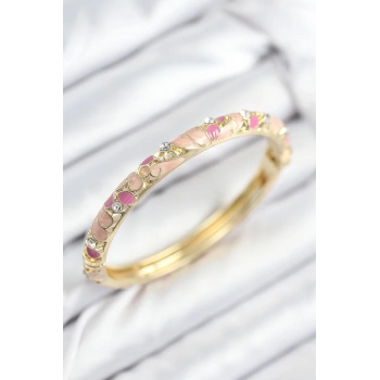 CEYLAN ADAM Mineli Pirinç Zirkon Taşlı Pembe Çiçek Motifli Gold Kadın Kelepçe