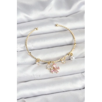 CEYLAN ADAM Pembe Kelebek Charmlı Gold Renk Kadın Bileklik
