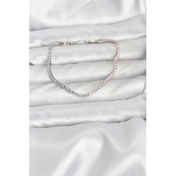 CEYLAN ADAM Pembe ve Beyaz Zirkon Taşlı Gümüş Renk Su Yolu Kadın Bileklik