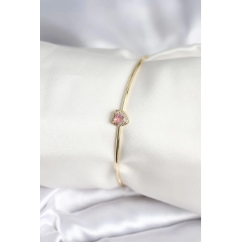 CEYLAN ADAM Pembe Zirkon Taşlı Kalp Model Gold Renk Kadın Bileklik