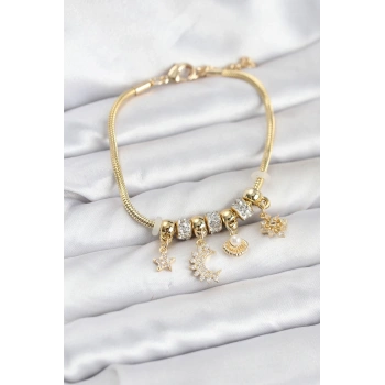 CEYLAN ADAM Pirinç Gold Renk Ay Charm Model Charmlı Kadın Bileklik
