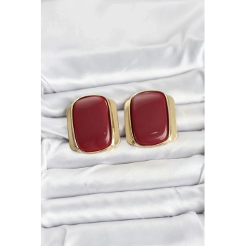 CEYLAN ADAM Pirinç Gold Renk Bordo Plaka Vintage Kadın Küpe