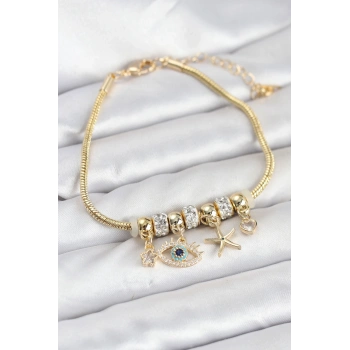 CEYLAN ADAM Pirinç Gold Renk Göz Model Charmlı Kadın Bileklik