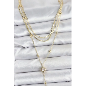 CEYLAN ADAM Pirinç Gold Renk Güneş Model Detaylı 3lü Kombin Y Kadın Kolye