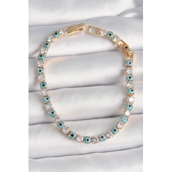 CEYLAN ADAM Pirinç Gold Renk Su Yolu Zirkon Taşlı Nazar Boncuklu Kadın Bileklik