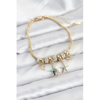 CEYLAN ADAM Pirinç Gold Renk Yıldız Model Charmlı Kadın Bileklik