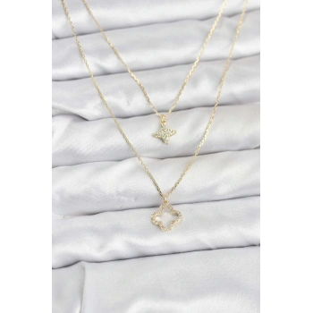 CEYLAN ADAM Pirinç Gold Renk Yonca Model 2li Kadın Kolye