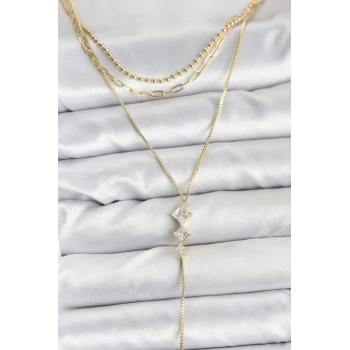 CEYLAN ADAM Pirinç Gold Renk Zirkon Taş Detaylı 3lü Kombin Y Kadın Kolye