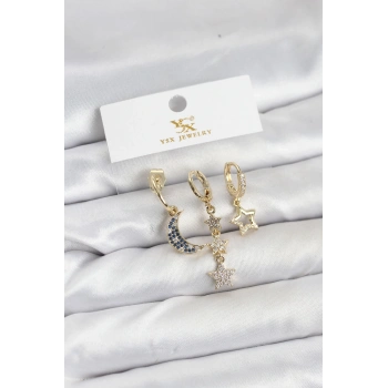 CEYLAN ADAM Pirinç Gold Renk Zirkon Taşlı Ay ve Yıldız Model YSX Trio Küpe Seti