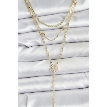 CEYLAN ADAM Pirinç Gold Renk Zirkon Taşlı Çiçek Model Detaylı 3lü Kombin Y Kadın Kolye