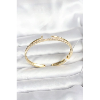 CEYLAN ADAM Pirinç Gold Renk Zirkon Taşlı Çivi Model Kadın Kelepçe Bileklik