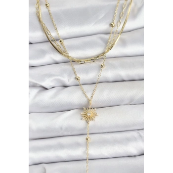 CEYLAN ADAM Pirinç Gold Renk Zirkon Taşlı Model Detaylı 3lü Kombin Y Kadın Kolye