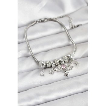 CEYLAN ADAM Pirinç Gümüş Renk Kanatlı Charmlı Kadın Bileklik