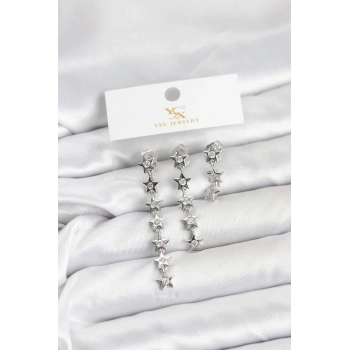 CEYLAN ADAM Pirinç Gümüş Renk Yıldız Model YSX Trio Küpe Seti