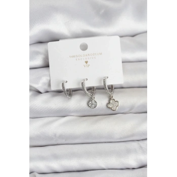 CEYLAN ADAM Pirinç Gümüş Renk Yonca Model 3lü Kadın Küpe Seti