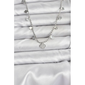 CEYLAN ADAM Pirinç Gümüş Renk Yonca Model Kadın Kolye