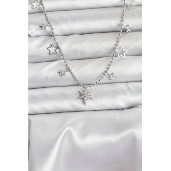 CEYLAN ADAM Pirinç Gümüş Renk Zirkon Taşlı Kutup Yıldızı Model Kadın Kolye