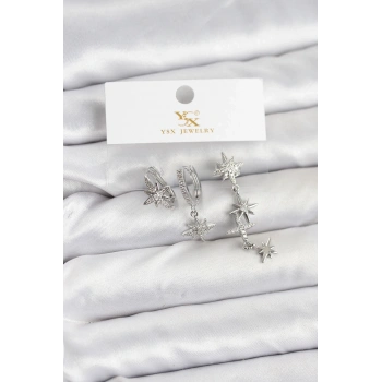 CEYLAN ADAM Pirinç Gümüş Renk Zirkon Taşlı Kutup Yıldızı Model YSX Trio Küpe Seti